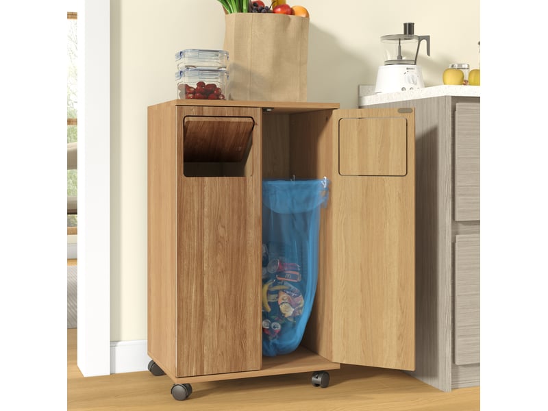  Meuble de tri des déchets modenvie 2 compartiments sur roulettes effet chêne mdf naturel 46,7 x 35 x 80,3 cm  - Conforama D