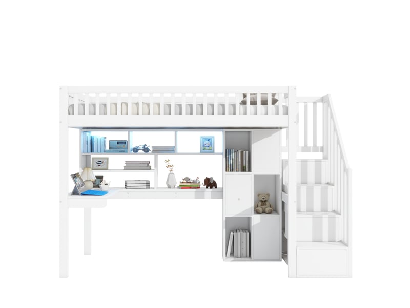  Lit mezzanine enfant 90 x 200 cm avec bureau, rangements et led, blanc  - Conforama A