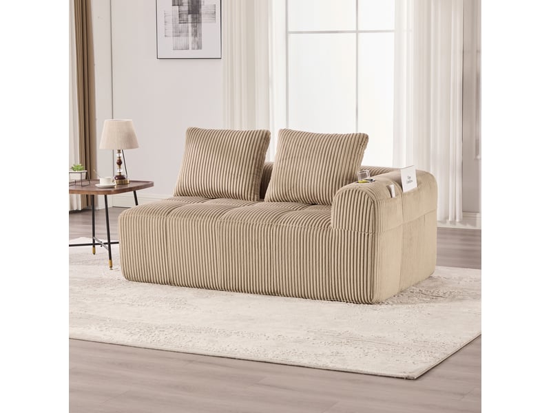  Canapé 2 places 158x93x61cm, velours côtelé kaki, mousse à haute densité et ressorts, poches latérales et porte-gobelet  - Conforama D