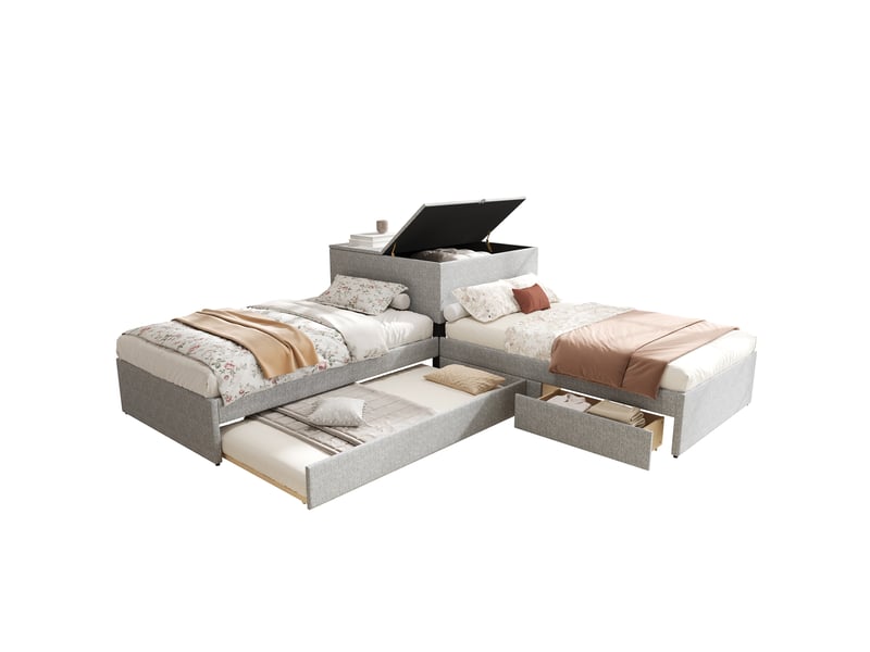  Lit d'angle 90x200 cm en lin gris avec lit gigogne 3 places et tiroirs de rangement  - Conforama E