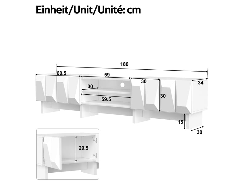  Ensemble meuble tv blanc 3 pièces à façades 3d géométriques, avec vitrine et table basse de rangement  - Conforama C