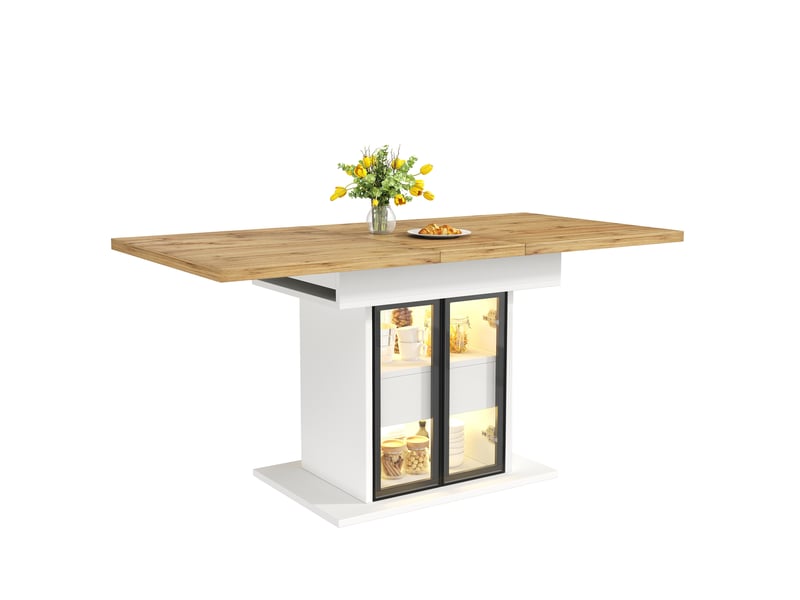 Table de salle à manger extensible avec 2 tiroirs, étagères réglables et led, portes vitrées, en mdf blanc - Conforama A