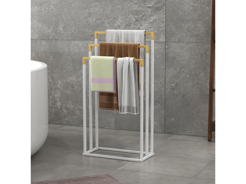 Porte-serviettes en bambou et acier sur pieds avec 3 barres support pour serviette 45x22,5x86cm blanc et naturel - Conforama C