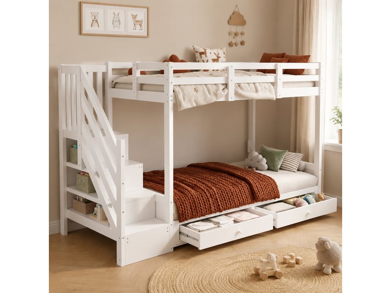  Lit combiné enfant, lit simple 90×200 cm avec escalier de rangement, 2 tiroirs - okmyhome- blanc, sans matelas  - Conforama B