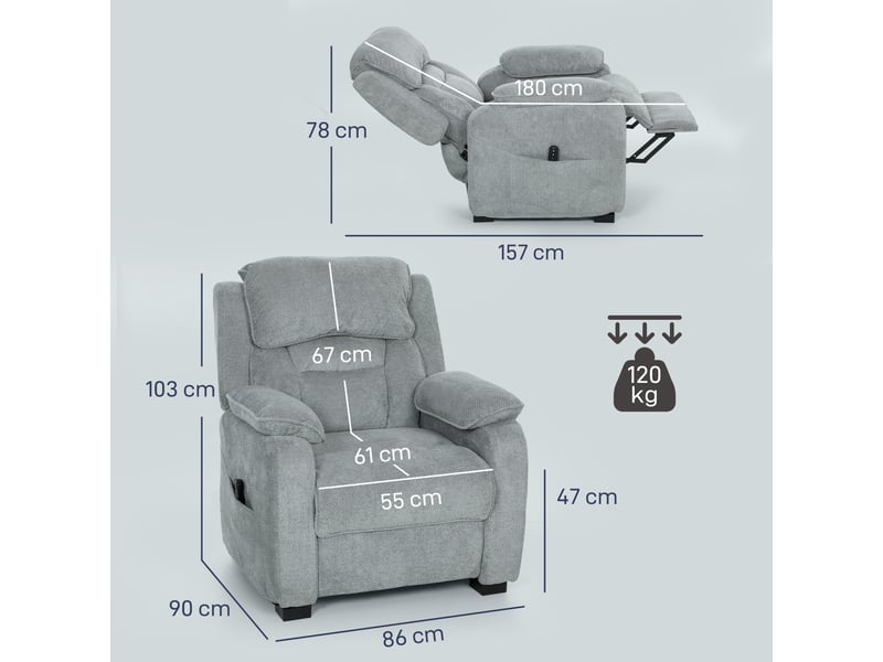  Fauteuil relax électrique fauteuil inclinable port usb repose-pieds poches latérales télécommande gris clair 86x90x103cm  - Conforama C
