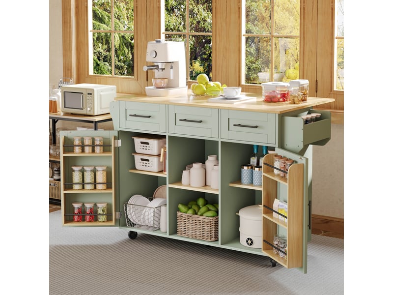 Îlot de cuisine vert antique desserte sur roulettes avec plateau rabattable 139cm chariot de rangement mdf - Conforama W