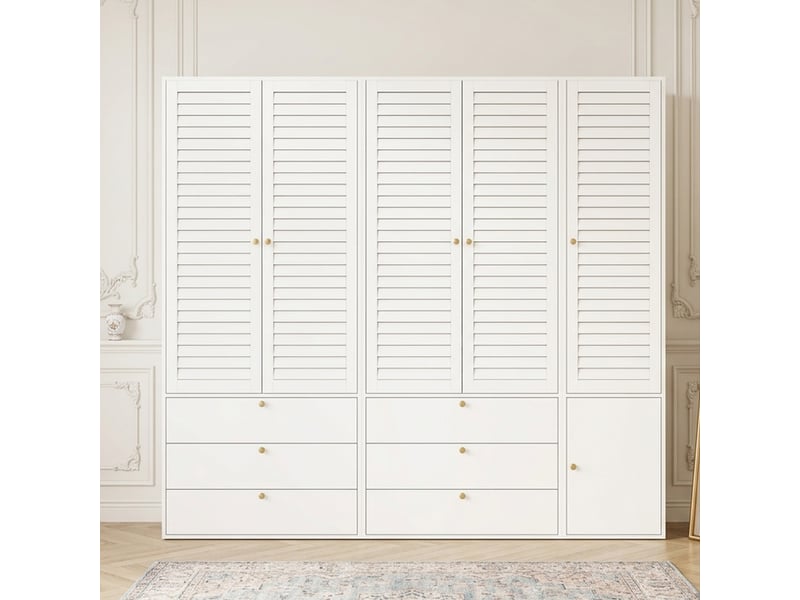  Armoire dressing 225 x 50 x 200 cm, 5 portes à lattes, 6 tiroirs, 3 tringles, blanc ABC - Conforama E