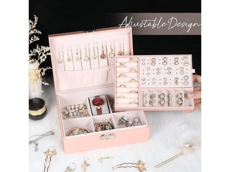Boîte à bijoux pour femme, coffret à bijoux en cuir verrouillable de 2 couches organisateur à bijoux, petit jewelry stockage cas rangement(rose) - Conforama E