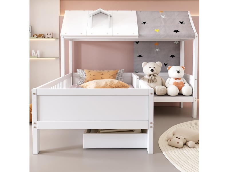  Lit enfant maison 90x200 rangement tiroirs bois massif blanc sans matelas stable homvra  - Conforama D
