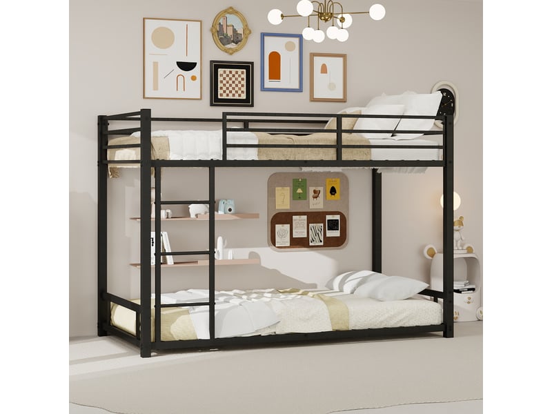  Lit superposé métal 90x190 cm - lit enfant 2 couchages - cadre robuste stable avec barrière sécurité et échelle 3 marches - noir  - Conforama B