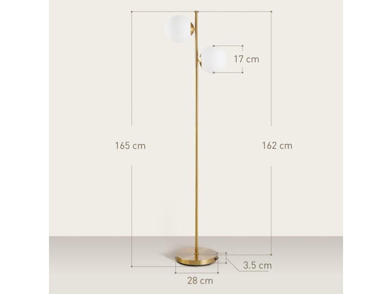 Lampadaire 2 lumières moderne, acier et verre doréblanc, h165 cm, abat-jour en verre, pour salon - Conforama E