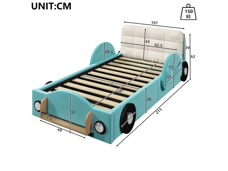 Lit d'enfant 90 x 200, rangement hydraulique, poches latérales et étagères, velours, bleu  - Conforama C