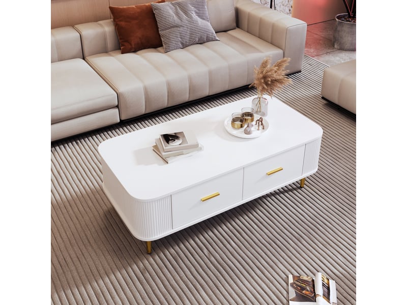 Table basse 105x51x38 cm avec 4 tiroirs sur deux côtés, angles arrondis et façades rainurées, mdf, blanc et doré ABC - Conforama D