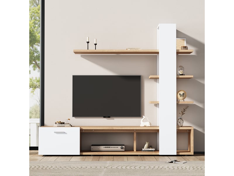  Ensemble meuble salon meuble tv mural blanc et bois pour tv 60 pouces 180 cm  - Conforama E