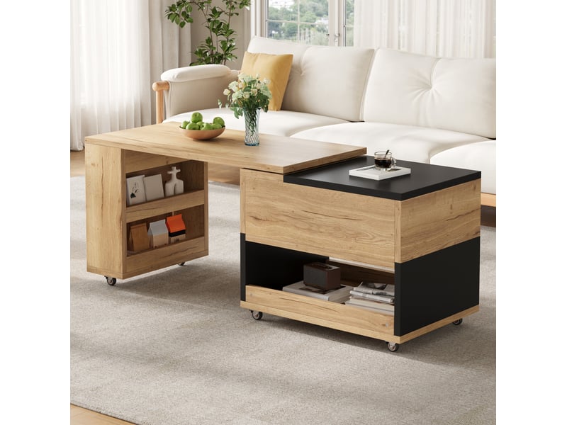  Table basse extensible 161,5x46x67 cm plateau relevable 360° naturel et noir  - Conforama E