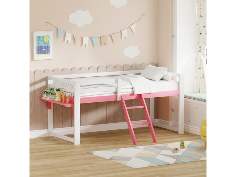  Lit mezzanine 90x200 cm, structure en pin massif, coloris rose, échelle fixe, garde-corps, sommier à lattes inclus, sans sommier tapissier  - Conforama B