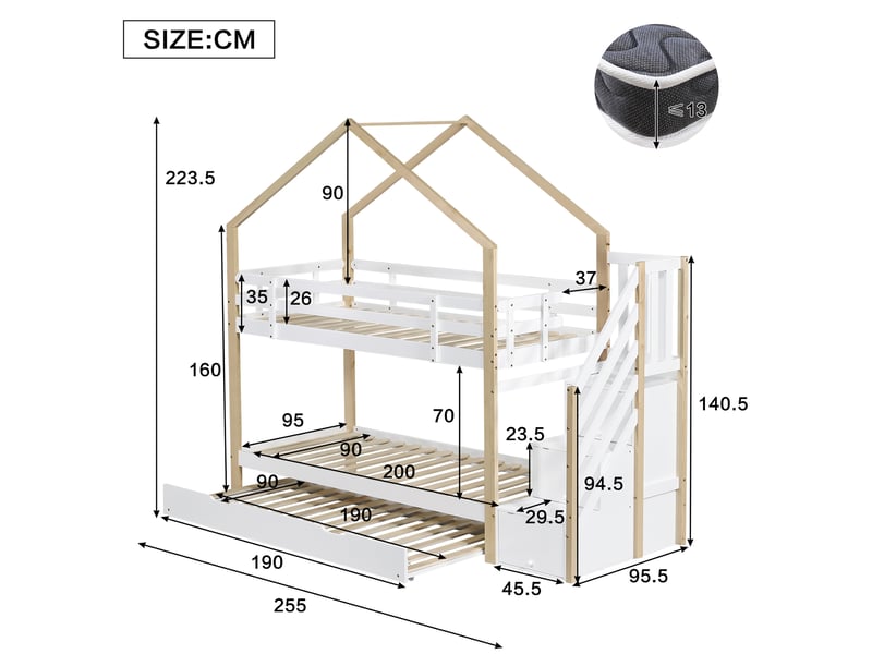Lit superposé enfant 90x200 et 90x190 cm – blanc et naturel – lit gigogne, escalier de rangement – sans matelas - Conforama C