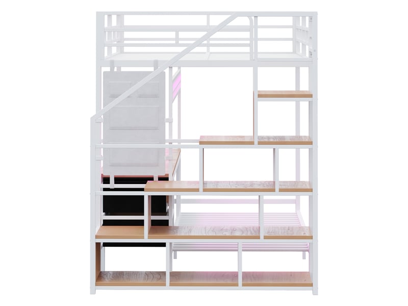 Lit superposé 140x200 cm avec lit 90x200 cm - bureau led, prises, rangements et tiroirs en tissu, blanc - Conforama W