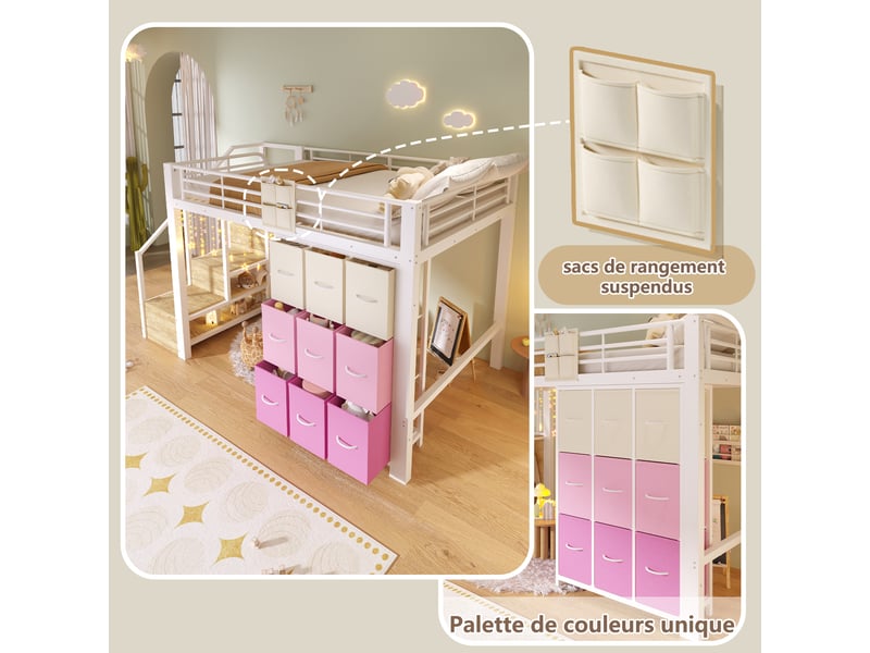  Lit mezzanine 140×200 cm sans matelas, structure métal, tiroirs, penderie, échelle de rangement, blanc  - Conforama E
