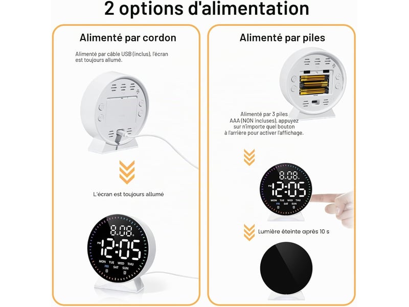 Réveil numérique led avec veilleuse rvb 9 couleurs, snooze, date, semaine, luminosité réglable, format 1224h, doubles alarmes pour table de nuit - Conforama C