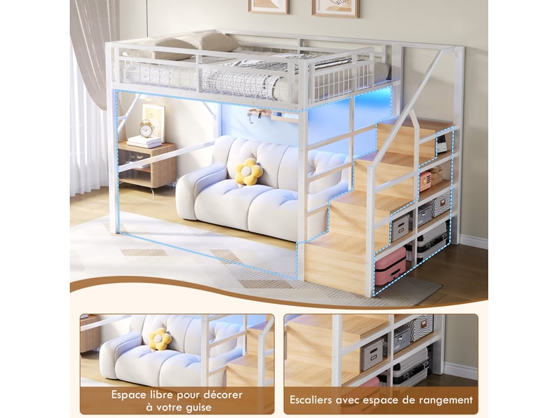  Lit mezzanine 140x200 cm avec led, escalier de rangement, espace libre sous le lit, métal et mdf, blanc Sol Morn - Conforama E
