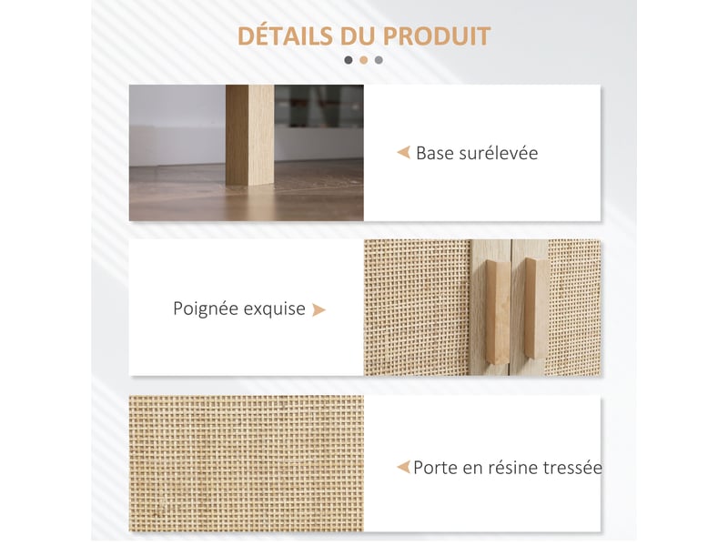  Buffet meuble de rangement placard 3 portes avec étagère réglable effet cannage 136 x 41 x 70 cm - style bohème  - Conforama E