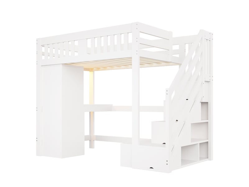 Lit mezzanine 140x200 cm – avec bureau équipé de prises, armoire intégrée, escalier de rangement, banquette et éclairage led rgb led – blanc - Conforama A