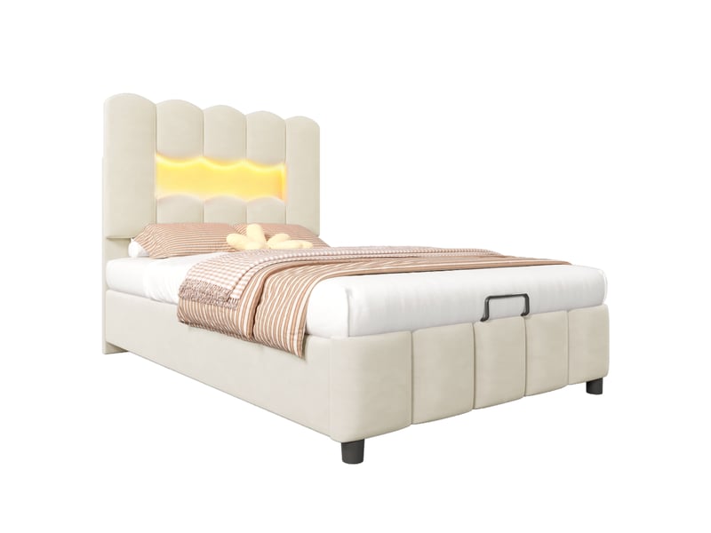  Lit rembourré 90 x 200 cm sans matelas, éclairage led, coffre hydraulique, tête réglable, velours beige  - Conforama A