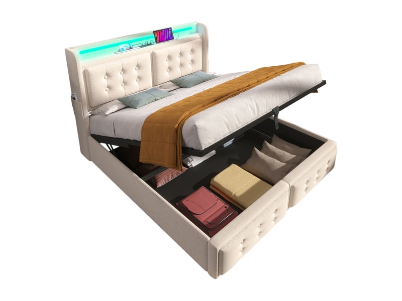 Lit double 160 x 200 cm beige avec matelas, led, rangement et ports usb-c - Conforama A