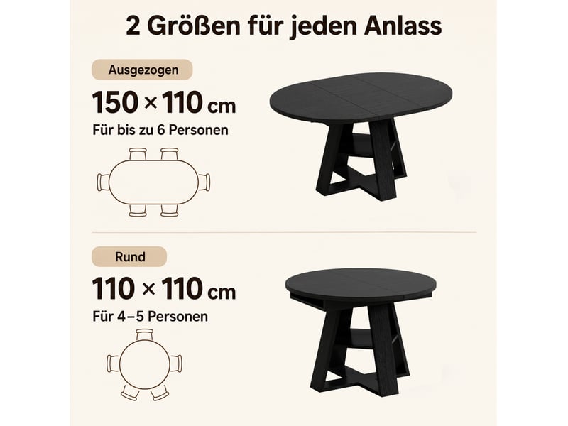  Table à manger extensible 150x110x75 cm avec rangement mdf noir effet bois  - Conforama D