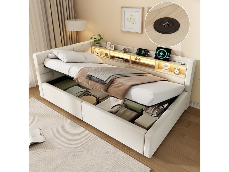  Lit coffre hydraulique 90x200 cm avec led dimmable, étagères, usb et tête réversible, tissu lin beige, sans matelas  - Conforama E