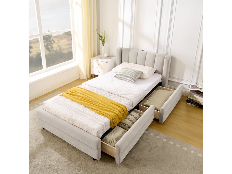  Lit simple 90x200 cm en chenille avec rangements latéraux et port usb - beige  - Conforama C