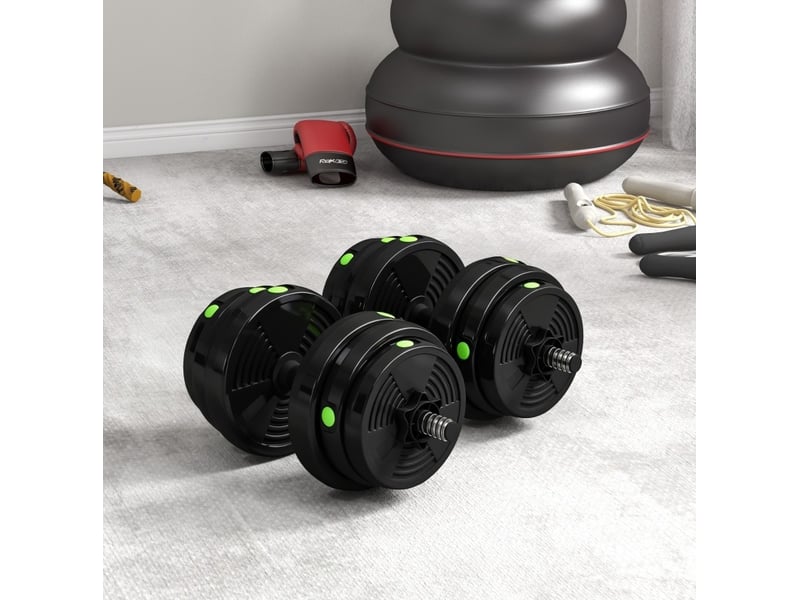  Set haltères et barre 2-en-1 25 kg 105 cm – noir et vert – poignées antidérapantes, protège-sol  - Conforama D