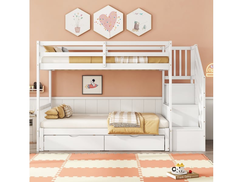  Lit superposé 90x200 cm avec rangements et tiroirs blanc  - Conforama E