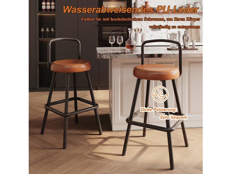  Tabouret de bar avec dossier ergonomique, assise rembourrée et repose-pieds, en pu et métal marron  - Conforama E