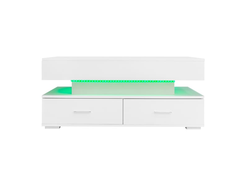  Table basse réglable en hauteur hydrauliquement (100 x 50 x 44 cm) avec éclairage led, commande par application bluetooth, 2 tiroirs et espace de rangement ouvert, blanche.  - Conforama E