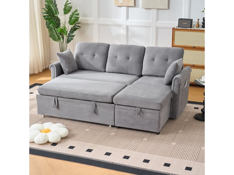 Canapé d'angle 3 places avec fonction lit, coffre de rangement, méridienne réversible et étagères latérales, chenille - gris  - Conforama B