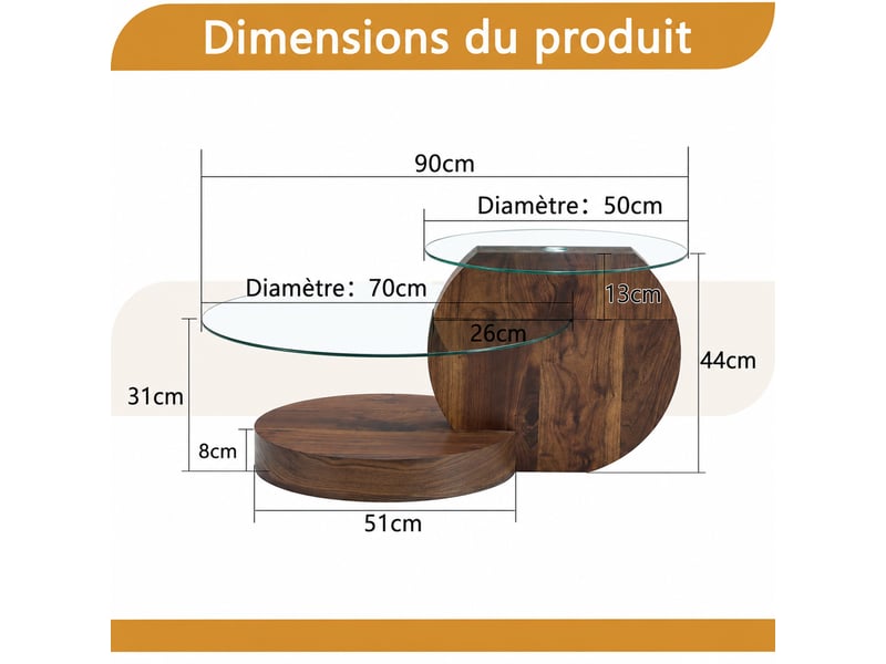  Table basse moderne minimaliste en verre trempé et mdf – transparent et noyer – 90 x 70 x 44 cm  - Conforama D