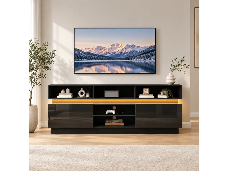  Meuble tv noir avec led, 10 espaces de rangement, mdf et verre, 160 x 35 x 60 cm  - Conforama B