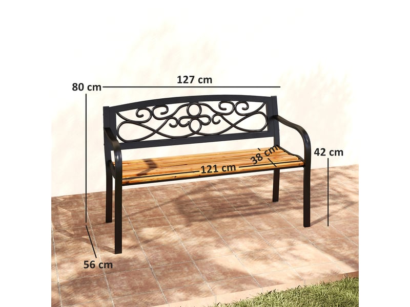  Banc de jardin 2 places avec dossier en fer forgé et accoudoirs incurvés, design élégant, 127 x 56 x 80 cm, noir et bois  - Conforama E