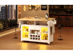 Îlot de cuisine mobile 120 x 40-80 x 95 cm, plateau rabattable, éclairage led rgb et porte-bouteilles, blanc, en mdf