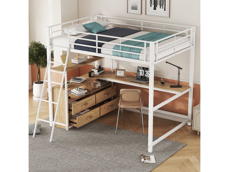  Lit mezzanine 200×140 cm avec bureau en l, tiroirs et rangements, sans matelas, en métal et mdf blanc  - Conforama C