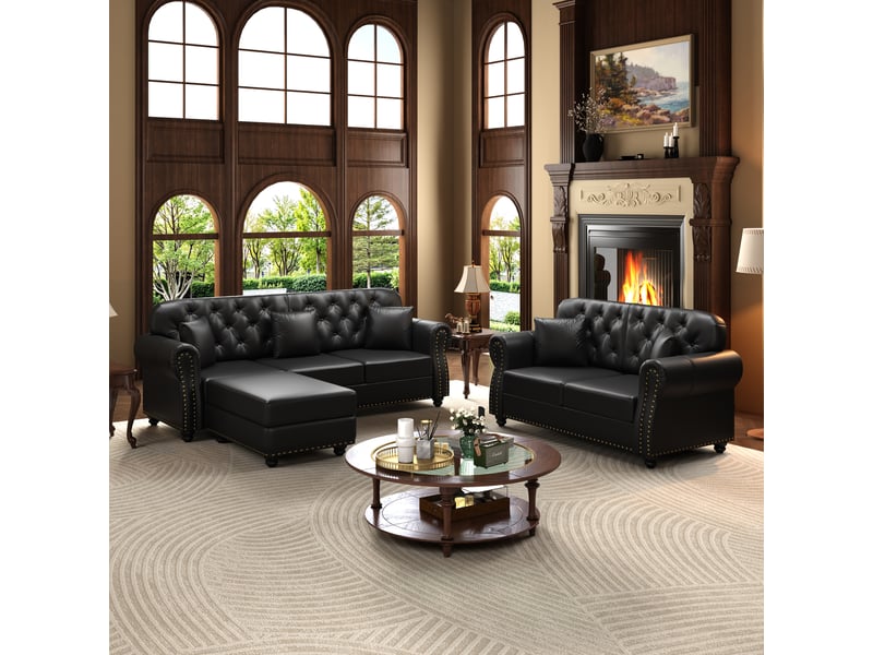 Canapé moderne - ensemble canapé chesterfield 2 pièces avec repose-pieds, 5 places, revêtement en similicuir, noir - Conforama C