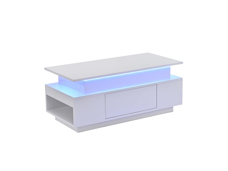 Table basse plateau relevable led avec rangement caché, 96x45x40 cm, bois d'ingénierie, blanc laqué - Conforama R