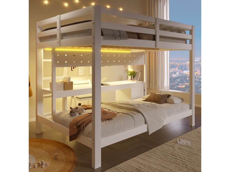  Lit superposé 90x200 cm, lit enfant, tiroirs, bureau, métal blanc, led  - Conforama A