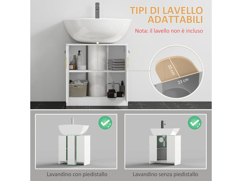  Meuble sous lavabo 60 cm en mdf et bambou, blanc et effet bois, ouverture en u  - Conforama R