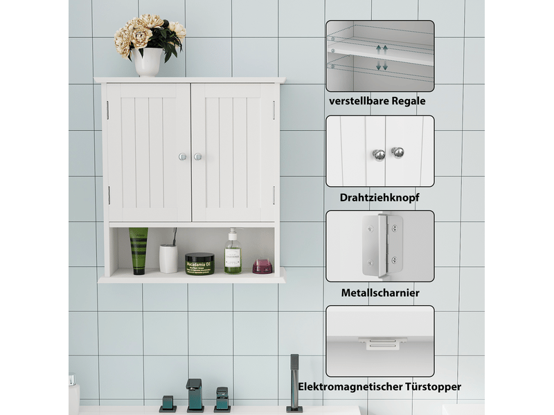 Armoire de salle de bain murale 54,6x19,8x59,9 cm, 2 portes, rangement ajustable, armoire de rangement, mdf blanc - Conforama E