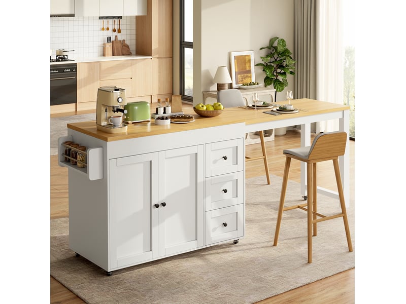  Desserte de cuisine extensible avec 3 tiroirs, 2 portes, étagères latérales et roulettes, blanche mobile en mdf  - Conforama B