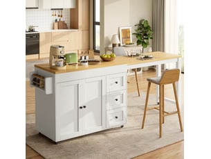 Desserte de cuisine extensible avec 3 tiroirs, 2 portes, étagères latérales et roulettes, blanche mobile en mdf