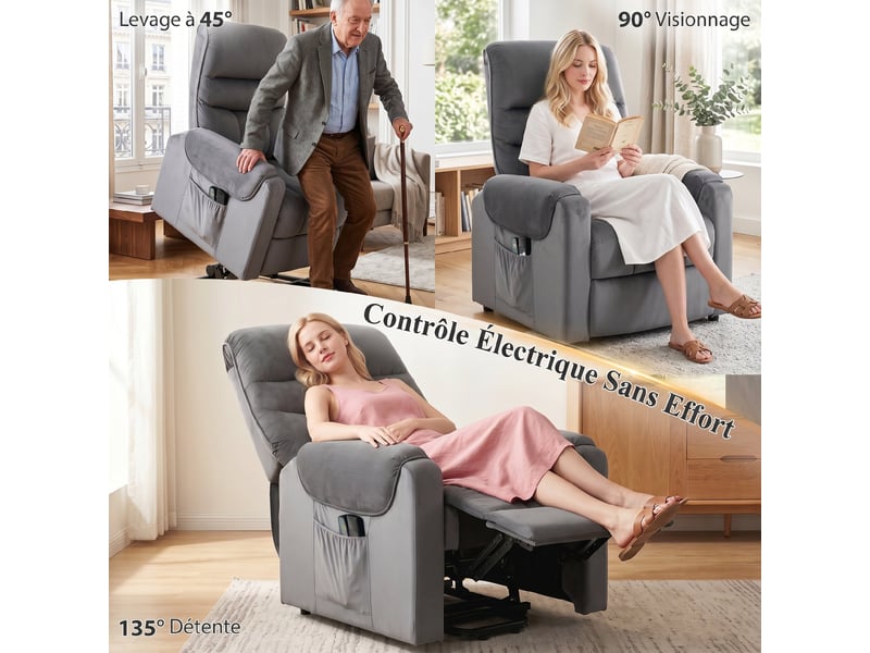  Fauteuil releveur électrique massant chauffant en velours gris foncé 79x97x103 cm  - Conforama D
